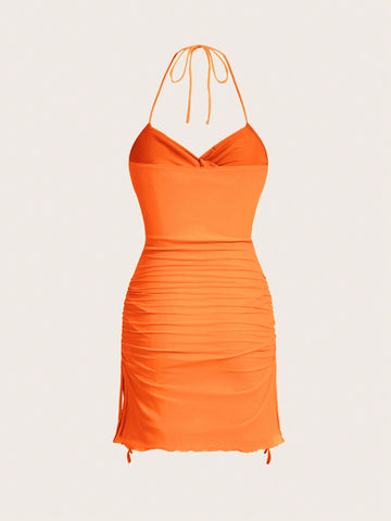 Women's Solid Color Twist Knot Halter Neck Strap Dress