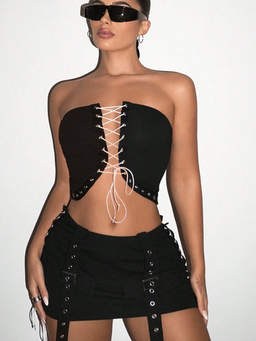 Women's Strapless Crop Top And High-Low Skirt Set