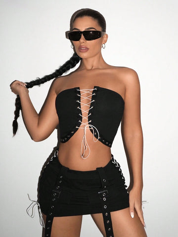 Women's Strapless Crop Top And High-Low Skirt Set