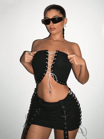 Women's Strapless Crop Top And High-Low Skirt Set