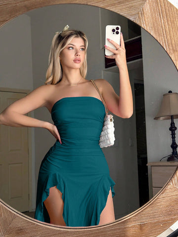 Women's Strapless Solid Color Irregular Hem Dress