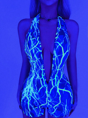 Women's Summer Fashion Halter Backless Reflective Pattern Print Jumpsuit