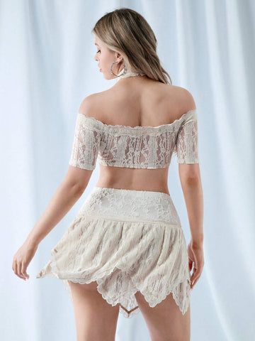 Women's Summer Halter Neck Shoulder Cutout Top, Lace Patchwork Irregular Double-Layer Hem Skirt, Lace Decoration Dress