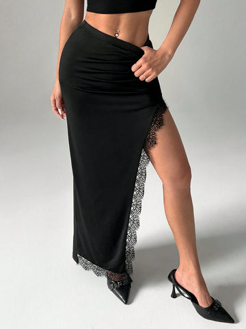 ICON Women's Summer Sexy Solid Color Lace Trim High Slit Skirt