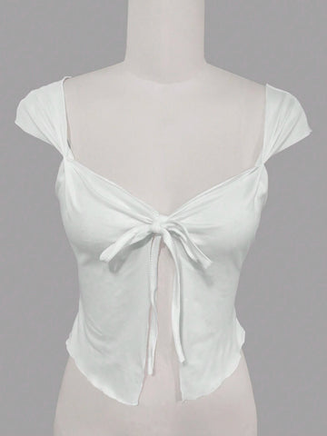 Women's Summer Solid Color Sweetheart Neckline Tie Front Short Sleeve Top