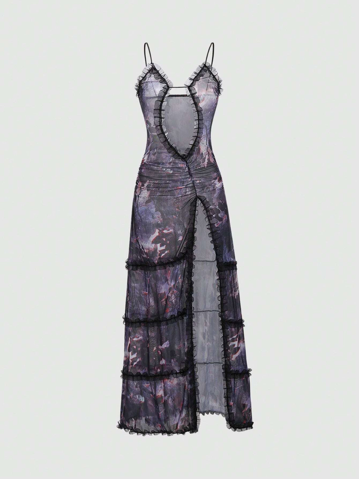 Women's Summer Tie Dye Printed Splice Ruffle Hem Cut Out Long Sexy Tank Dress
