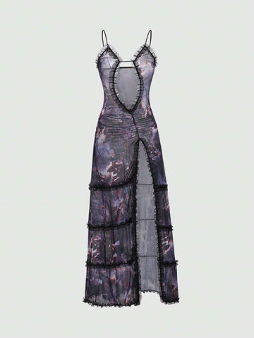 Women's Summer Tie Dye Printed Splice Ruffle Hem Cut Out Long Sexy Tank Dress