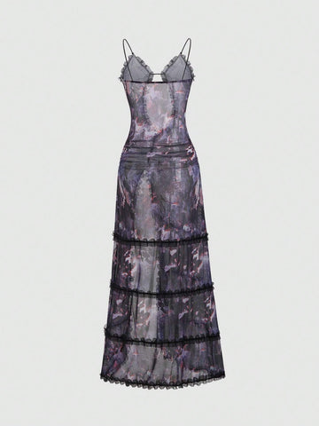 Women's Summer Tie Dye Printed Splice Ruffle Hem Cut Out Long Sexy Tank Dress