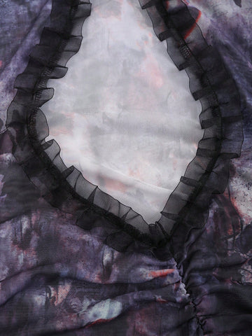 Women's Summer Tie Dye Printed Splice Ruffle Hem Cut Out Long Sexy Tank Dress
