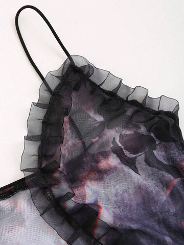 Women's Summer Tie Dye Printed Splice Ruffle Hem Cut Out Long Sexy Tank Dress
