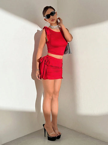 Women's Summer Two Piece Set: Solid Color Sleeveless Crop Top With Shoulder Knot And Pleated Midi Skirt