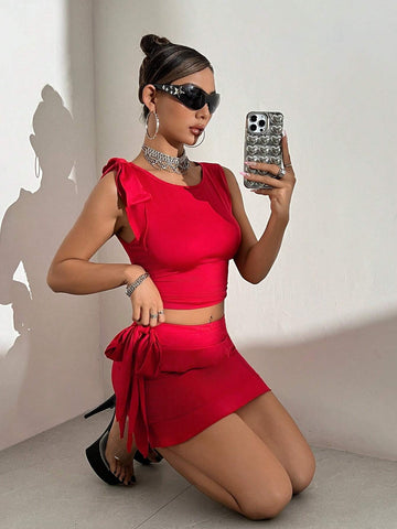 Women's Summer Two Piece Set: Solid Color Sleeveless Crop Top With Shoulder Knot And Pleated Midi Skirt