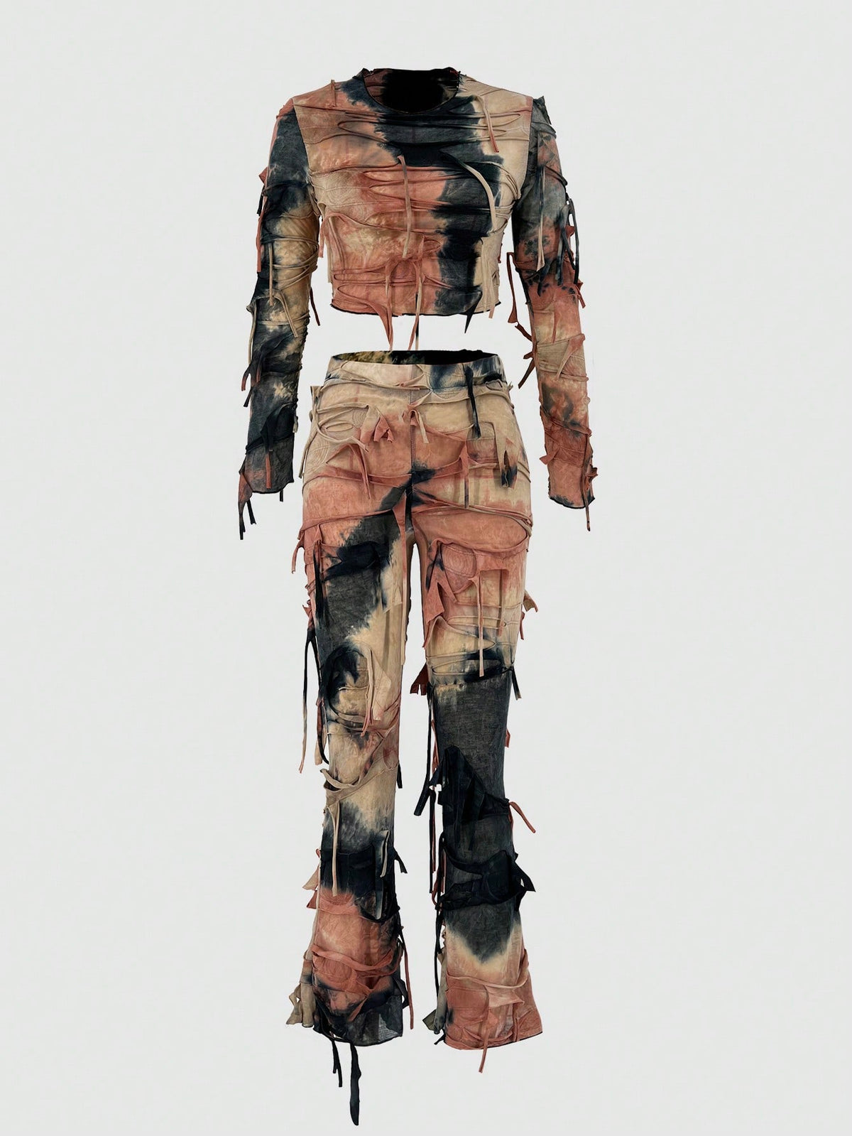 Women's Tie-dye Distressed Long Sleeve T-shirt And Flared Pants Set