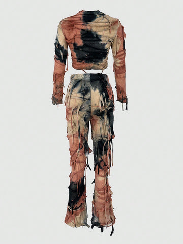 Women's Tie-dye Distressed Long Sleeve T-shirt And Flared Pants Set