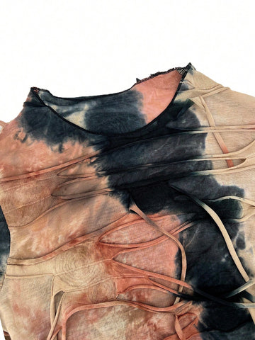 Women's Tie-dye Distressed Long Sleeve T-shirt And Flared Pants Set