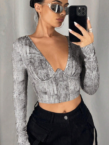 Women's Vintage Asymmetrical Ribbed Cropped T-Shirt