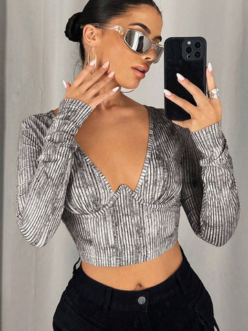 Women's Vintage Asymmetrical Ribbed Cropped T-Shirt