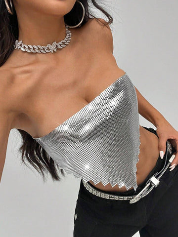ICON Women's Y2K Metallic Glitter Strapless Top, Suitable For Nightclub