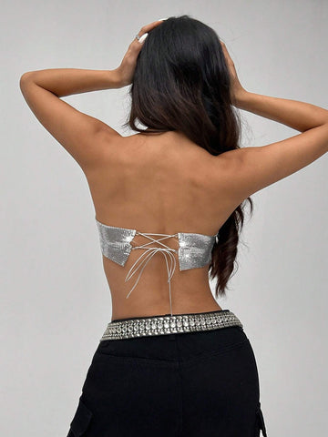 ICON Women's Y2K Metallic Glitter Strapless Top, Suitable For Nightclub
