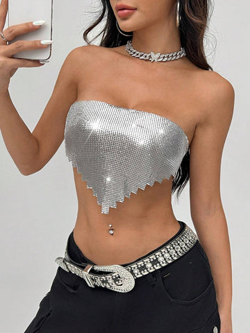 ICON Women's Y2K Metallic Glitter Strapless Top, Suitable For Nightclub