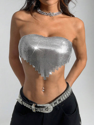 ICON Women's Y2K Metallic Glitter Strapless Top, Suitable For Nightclub