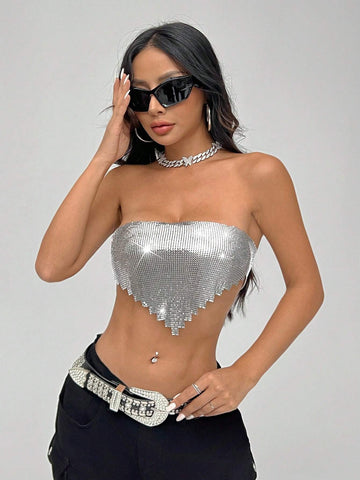 ICON Women's Y2K Metallic Glitter Strapless Top, Suitable For Nightclub