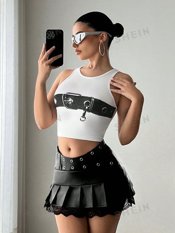 ICON Women's Y2K Pleated Lace Waist Skirt With Button Fastening