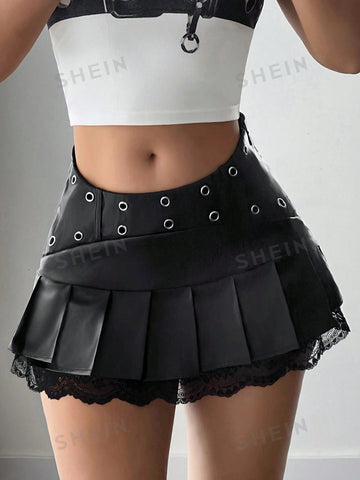 ICON Women's Y2K Pleated Lace Waist Skirt With Button Fastening