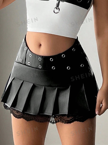 ICON Women's Y2K Pleated Lace Waist Skirt With Button Fastening