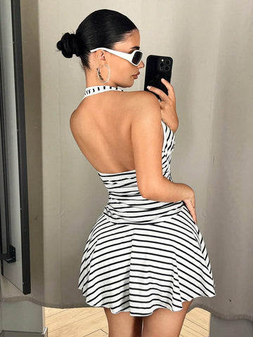 Women's Y2k Casual Sports Fashionable Halter Striped Casual Shift Mini Golf Dress