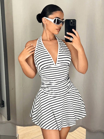 Women's Y2k Casual Sports Fashionable Halter Striped Casual Shift Mini Golf Dress