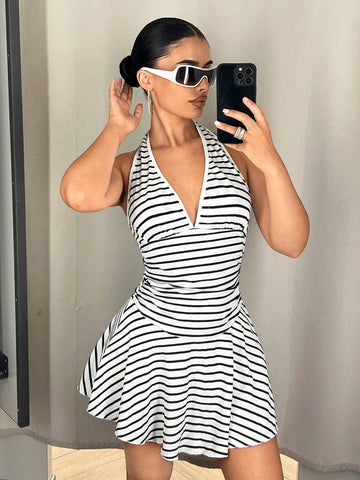 Women's Y2k Casual Sports Fashionable Halter Striped Casual Shift Mini Golf Dress