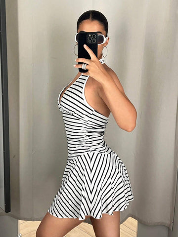 Women's Y2k Casual Sports Fashionable Halter Striped Casual Shift Mini Golf Dress
