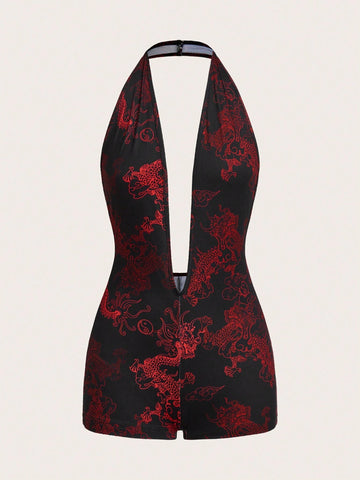 Women's Y2k Sexy Summer Going Out Zodiac Dragon Graphic Printed Tight Jumpsuit Short Romper With Backless Design For Women