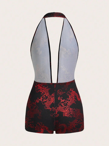 Women's Y2k Sexy Summer Going Out Zodiac Dragon Graphic Printed Tight Jumpsuit Short Romper With Backless Design For Women