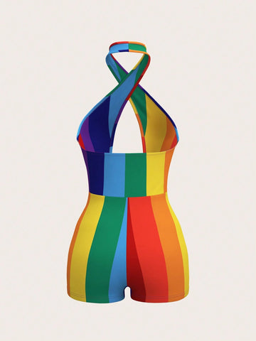 Women's Y2k Summer Pride Outfits Romper Y2k Sexy Colorful Rainbow Striped Hollow Out Backless Cross Strap Tight Jumpsuit