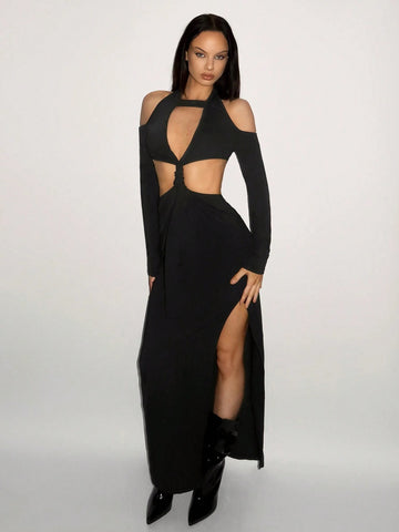 Y2K Party Sexy Asymmetrical Hollow High-End Maxi Black Evening Dress