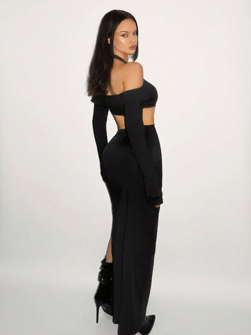 Y2K Party Sexy Asymmetrical Hollow High-End Maxi Black Evening Dress