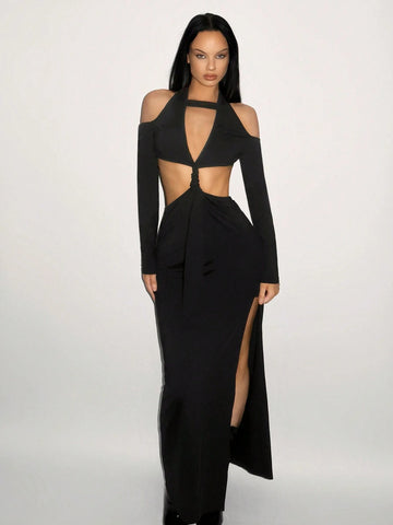 Y2K Party Sexy Asymmetrical Hollow High-End Maxi Black Evening Dress