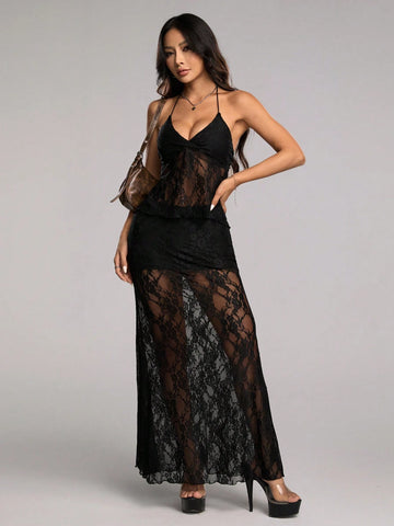 Y2K Style Women's Sexy Lace Spaghetti Strap Halter Neck Backless Tank Top And Long Skirt Set