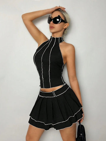 Y2k Black Contrast Stitching Collar Vest And Mini Skirt Summer Two Piece Outfits,Spring Set Clothes