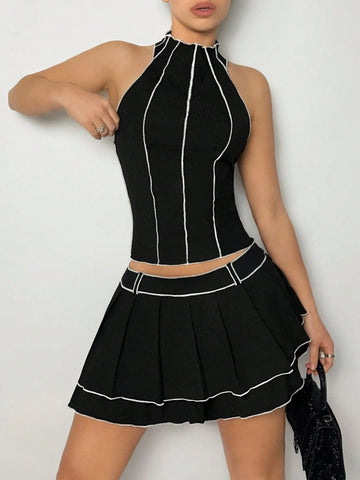 Y2k Black Contrast Stitching Collar Vest And Mini Skirt Summer Two Piece Outfits,Spring Set Clothes