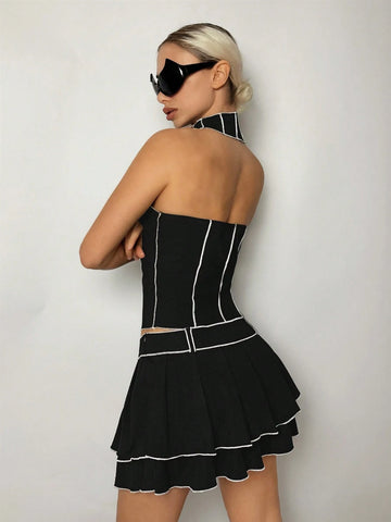 Y2k Black Contrast Stitching Collar Vest And Mini Skirt Summer Two Piece Outfits,Spring Set Clothes