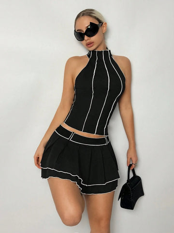 Y2k Black Contrast Stitching Collar Vest And Mini Skirt Summer Two Piece Outfits,Spring Set Clothes
