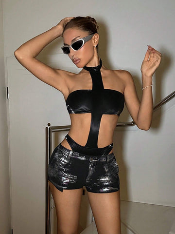 Y2k Black Sexy Cross-Shaped Matte Leather Women Bodysuit Halloween Top