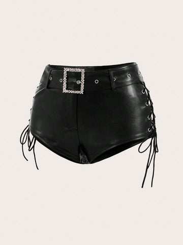 ICON Y2k Low Waist Cross Strap Belt Pu Black Hot Shorts