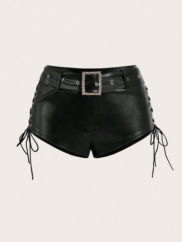 ICON Y2k Low Waist Cross Strap Belt Pu Black Hot Shorts