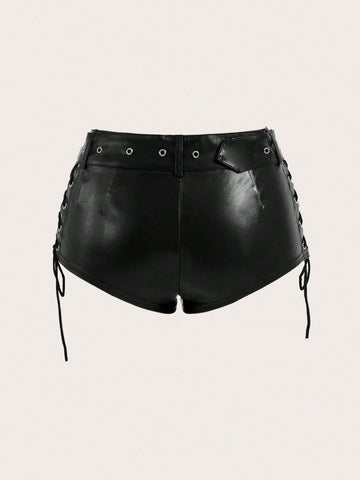 ICON Y2k Low Waist Cross Strap Belt Pu Black Hot Shorts