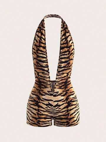 Y2k Party Going Out Backless Tiger Stripe Print Sexy Sleeveless Jumpsuit