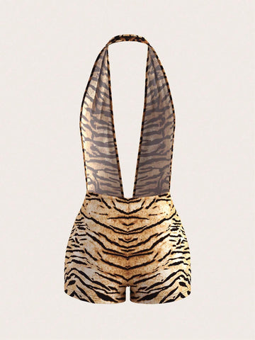 Y2k Party Going Out Backless Tiger Stripe Print Sexy Sleeveless Jumpsuit